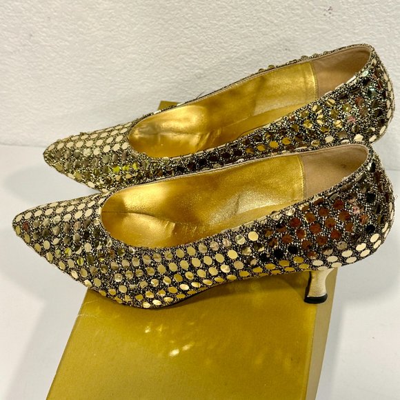 Vintage 70s Marquise Heels Black with Gold Sequins Formal Pumps Womens Size 9 M - Picture 5 of 8